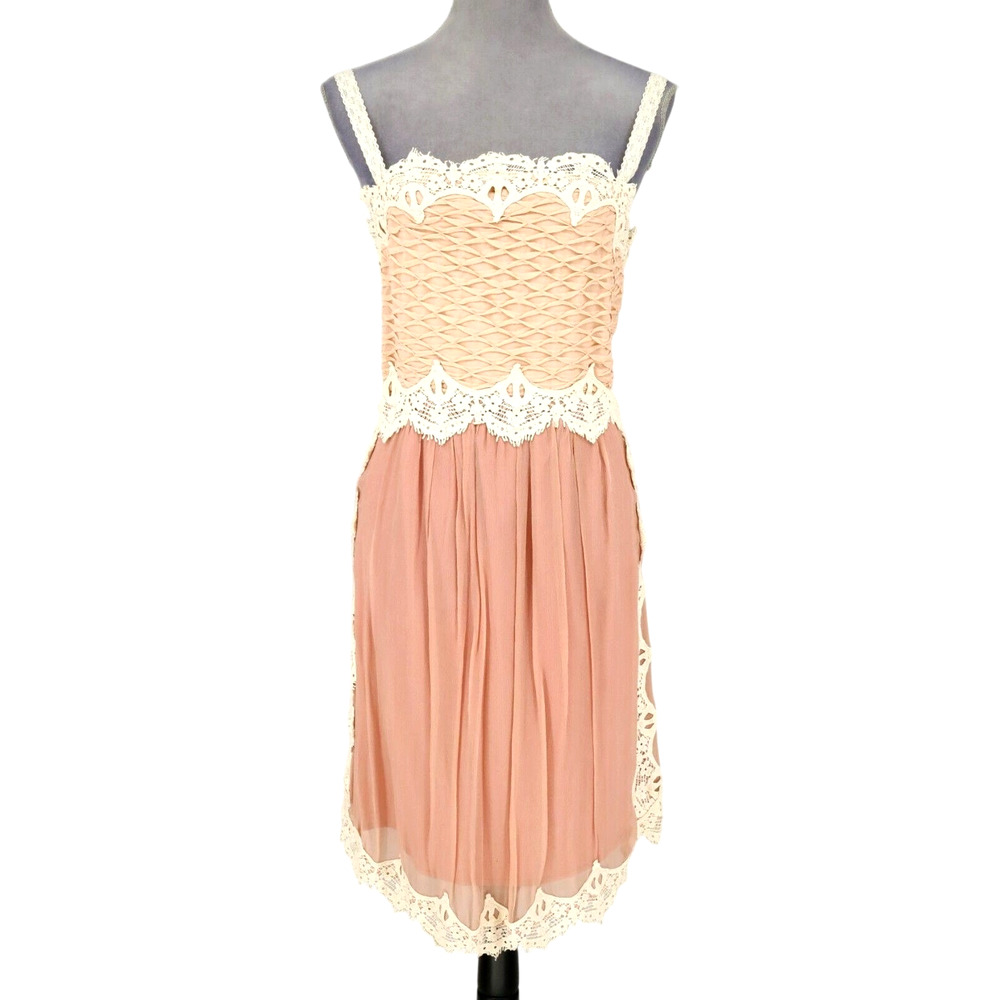 Sundance Dress Womens 6 Pink Peach Chiffon Smocking Ivory Lace Lined Side Zip
